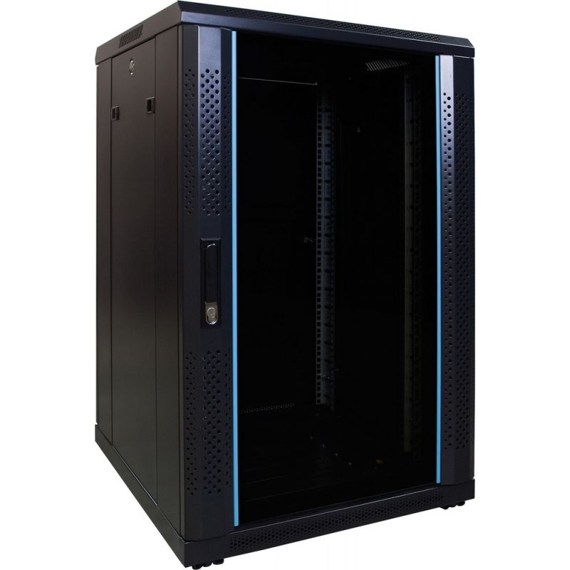 18 HE Schrank in schwarz - Glastüre, Abm.: 600 x 600 x 1000