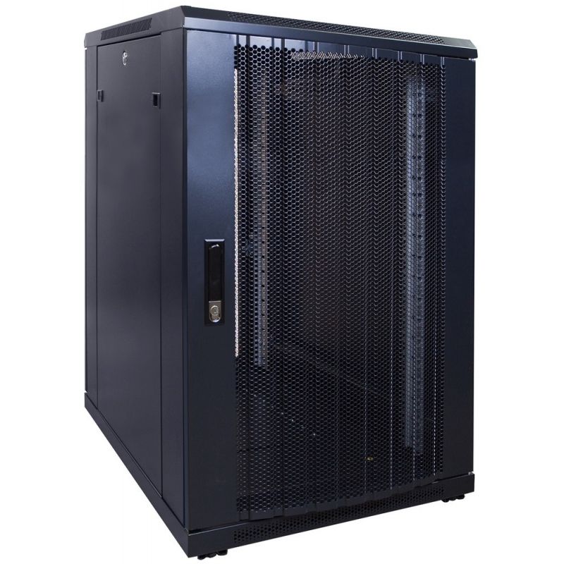 18 HE Schrank in schwarz - perfo. Tür, Abm.: 600 x 800 x 1000